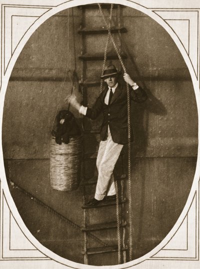 Always ready to go ashore: lowering a dog into a boat for landing, illustration from 